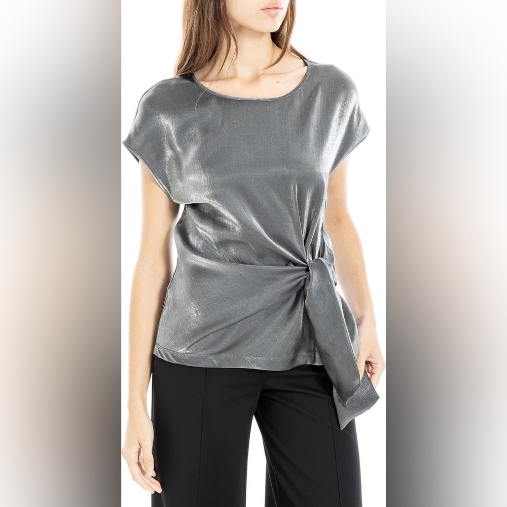 Silver Cap Sleeve Tie Front Blouse